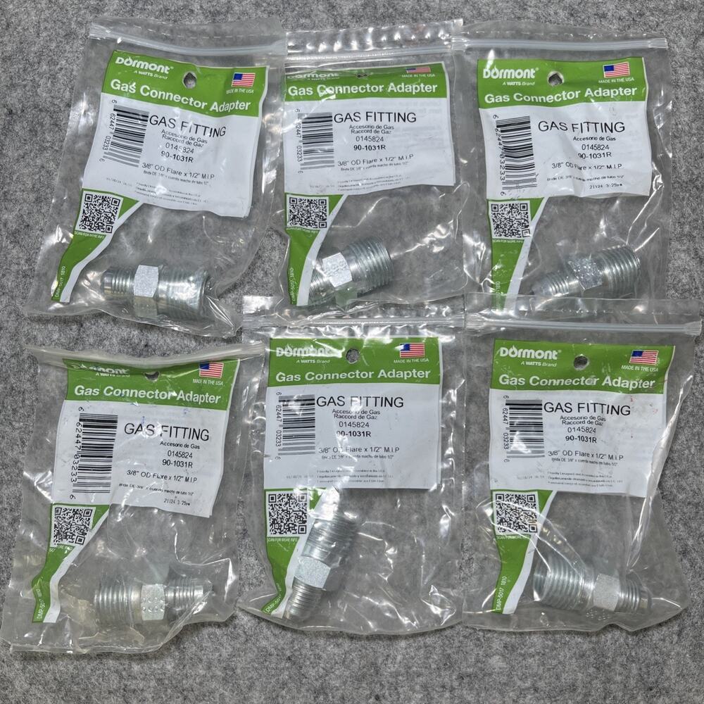 6pk Dormont Gas Pipe Fitting Adapter 90-1031R 3/8" OD Flare x 1/2" MIP USA New